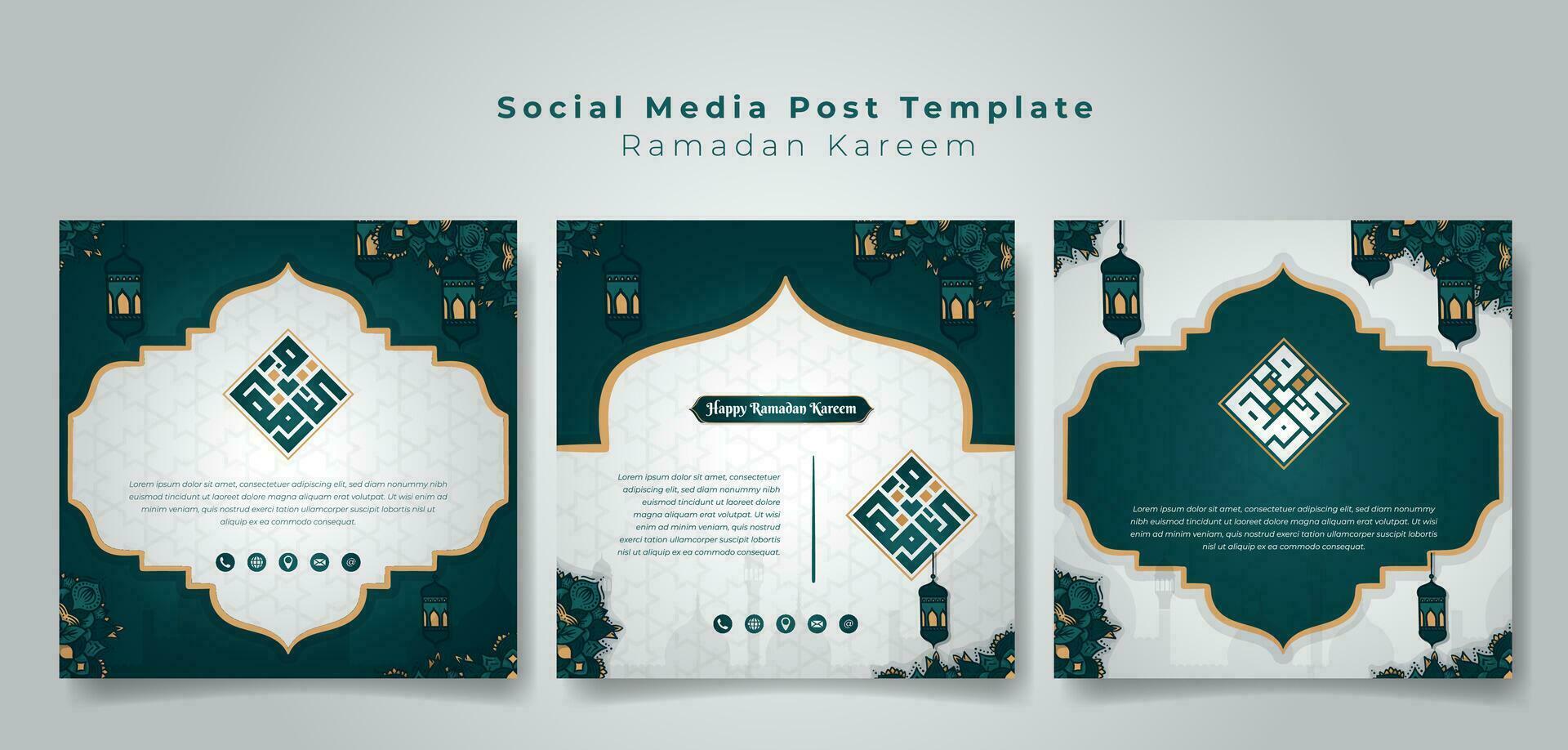 social medios de comunicación enviar modelo en verde blanco y ornamental antecedentes con Arábica kufi texto estilo ese media es Ramadán Kareem, bueno modelo para Ramadán rebaja publicidad vector