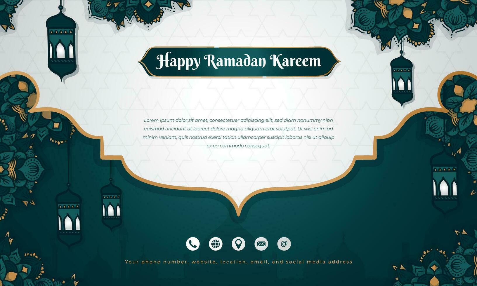 Islamic Background design in green white gold and ornamental hand drawn design for ramadan sale advertisement vector