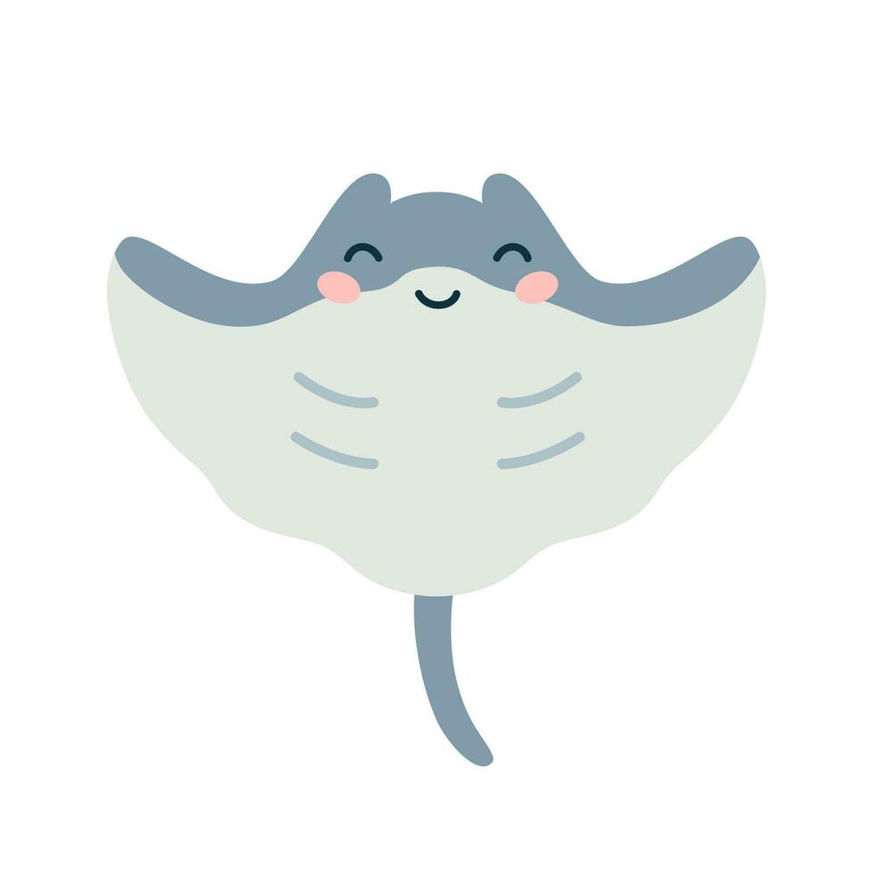 Cartoon hand drawn happy baby stingray on isolated white background. Character of the sea animals for the logo, mascot, design. Vector illustration