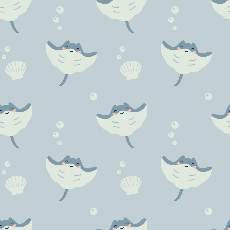 Seamless pattern with cute cartoon stingray character on a blue background. Childish sea animals design for fabric, textile, paper. Vector illustration