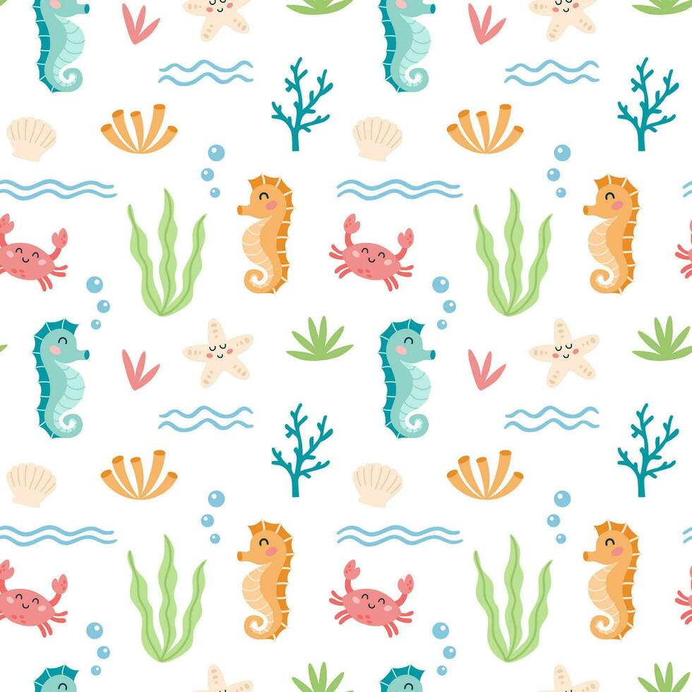 Childish seamless pattern with cartoon seahorse, crab, starfish character on a white background. Cute sea animals and underwater life design for fabric, textile, paper. Vector illustration