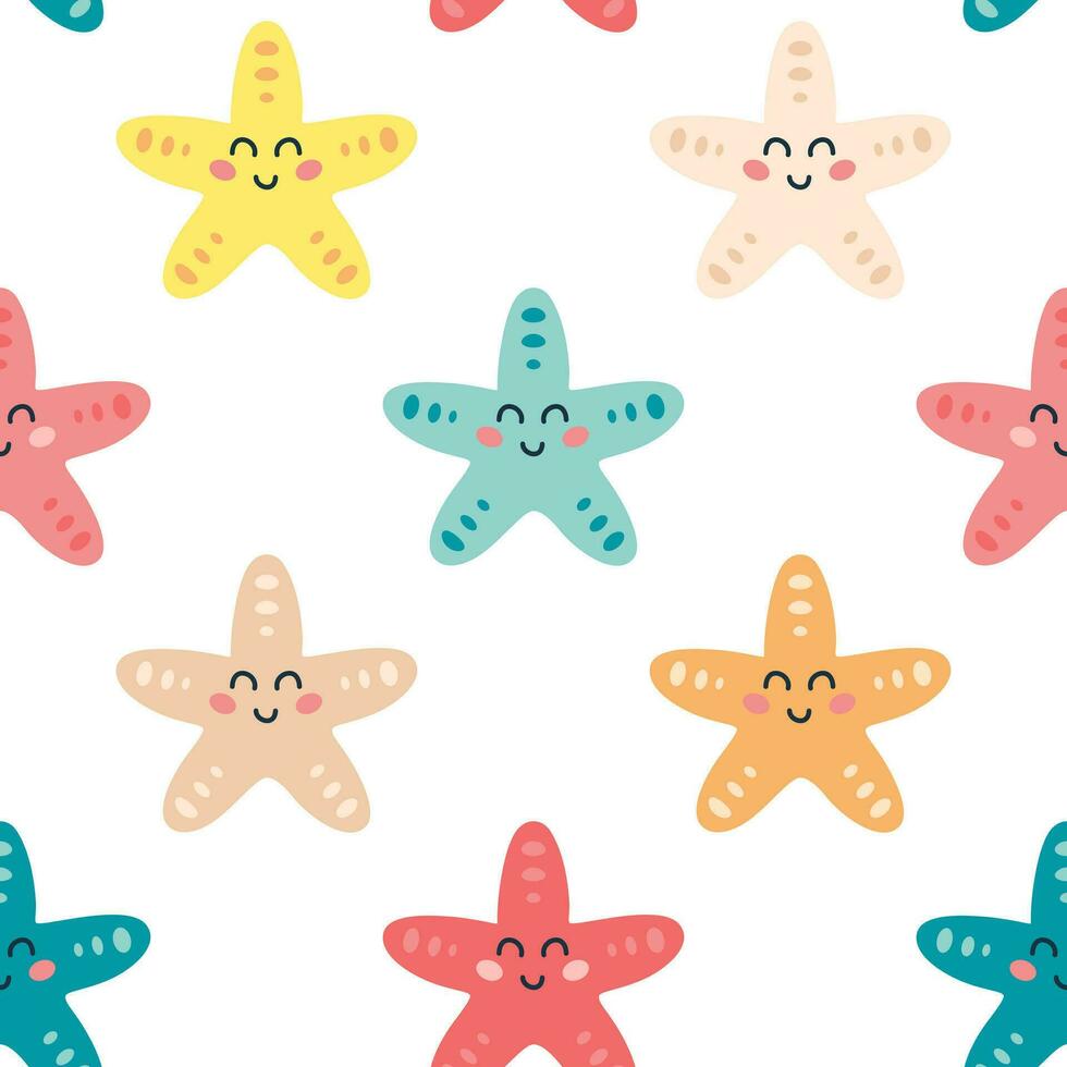 Childish seamless pattern with cute colored cartoon starfish character on a white background. Cute sea animals design for fabric, textile, paper. Vector illustration