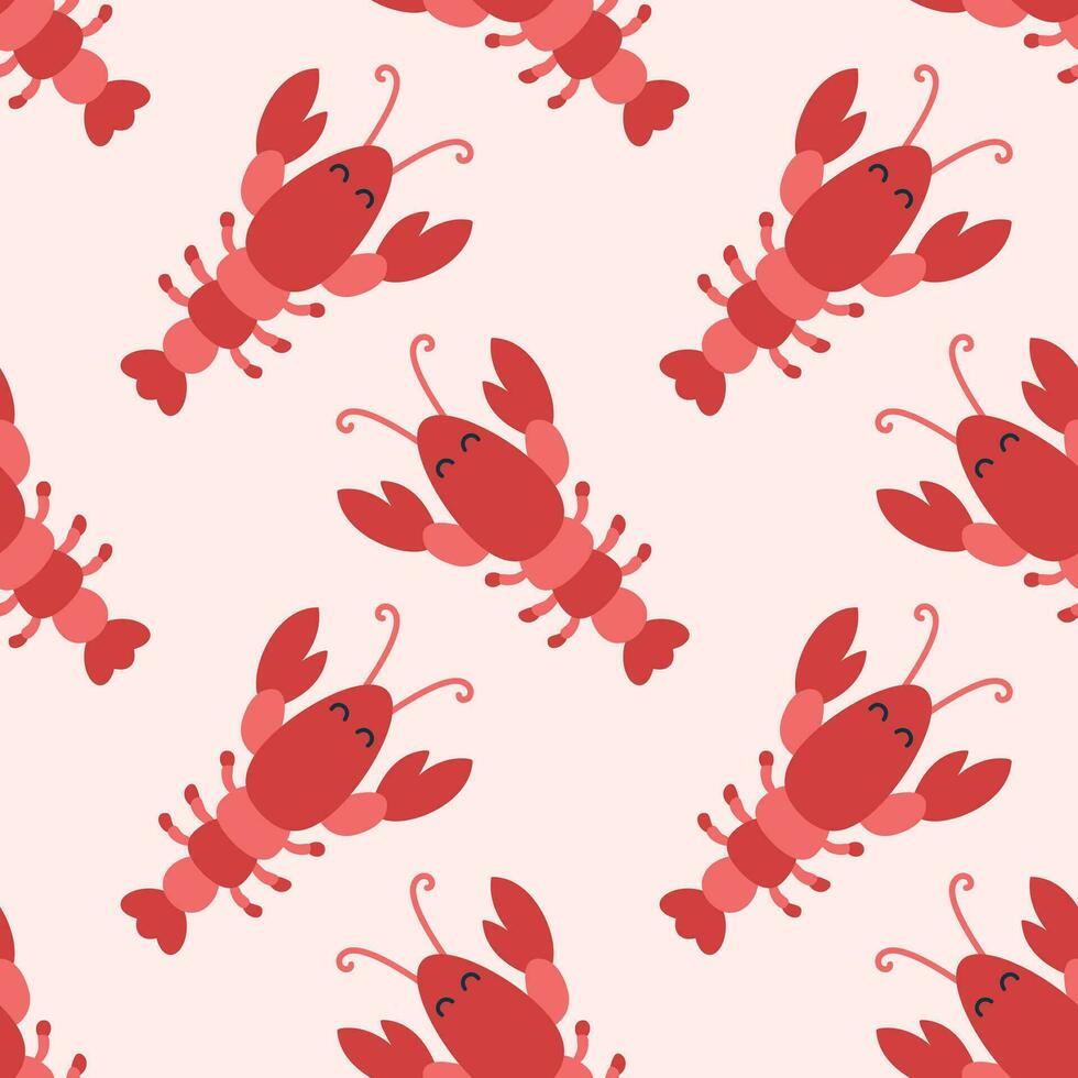 Seamless pattern with cute cartoon lobster on a pink background. Vector illustration