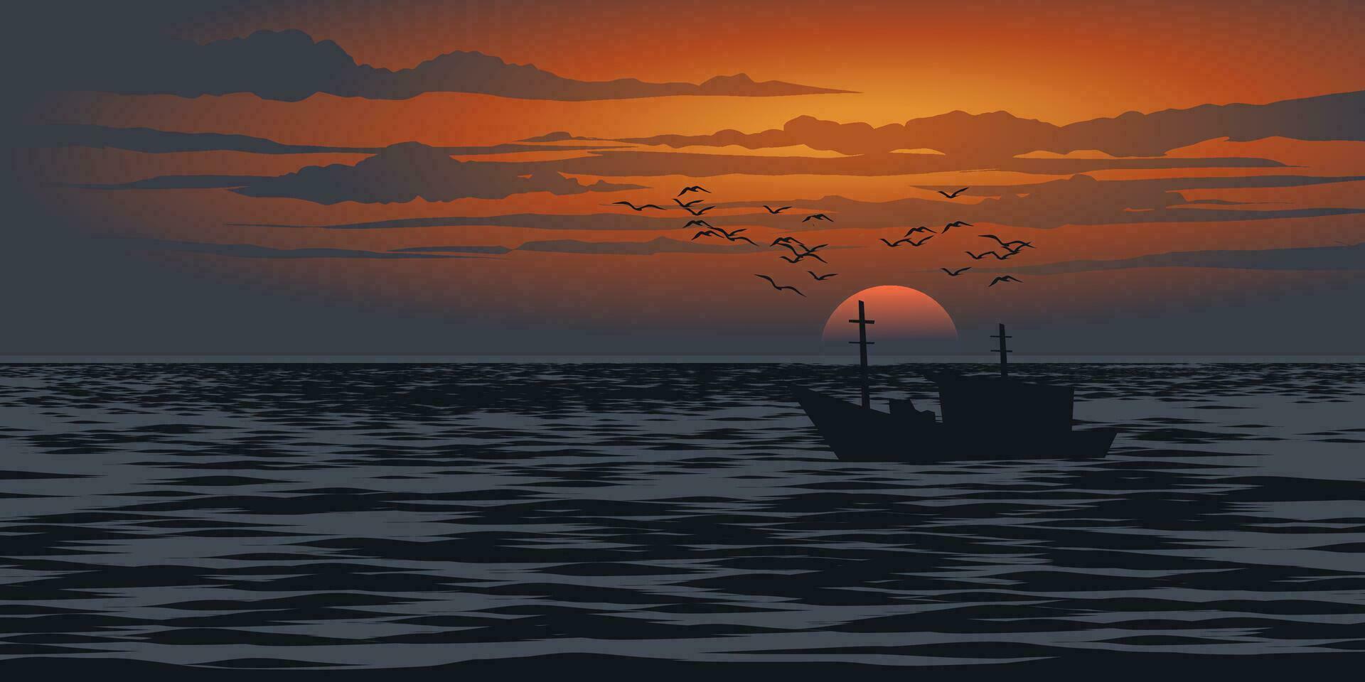 hermosa puesta de sol en Oceano con barco y gaviotas en silueta vector