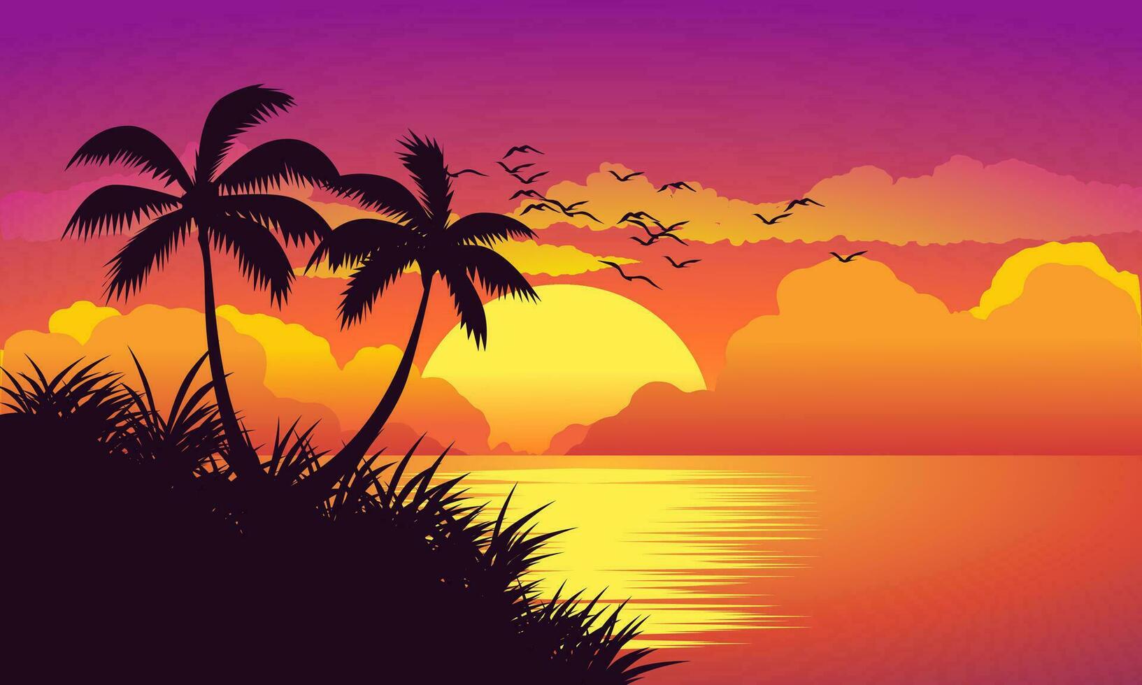 Beach vector landscape with flying birds and palm trees