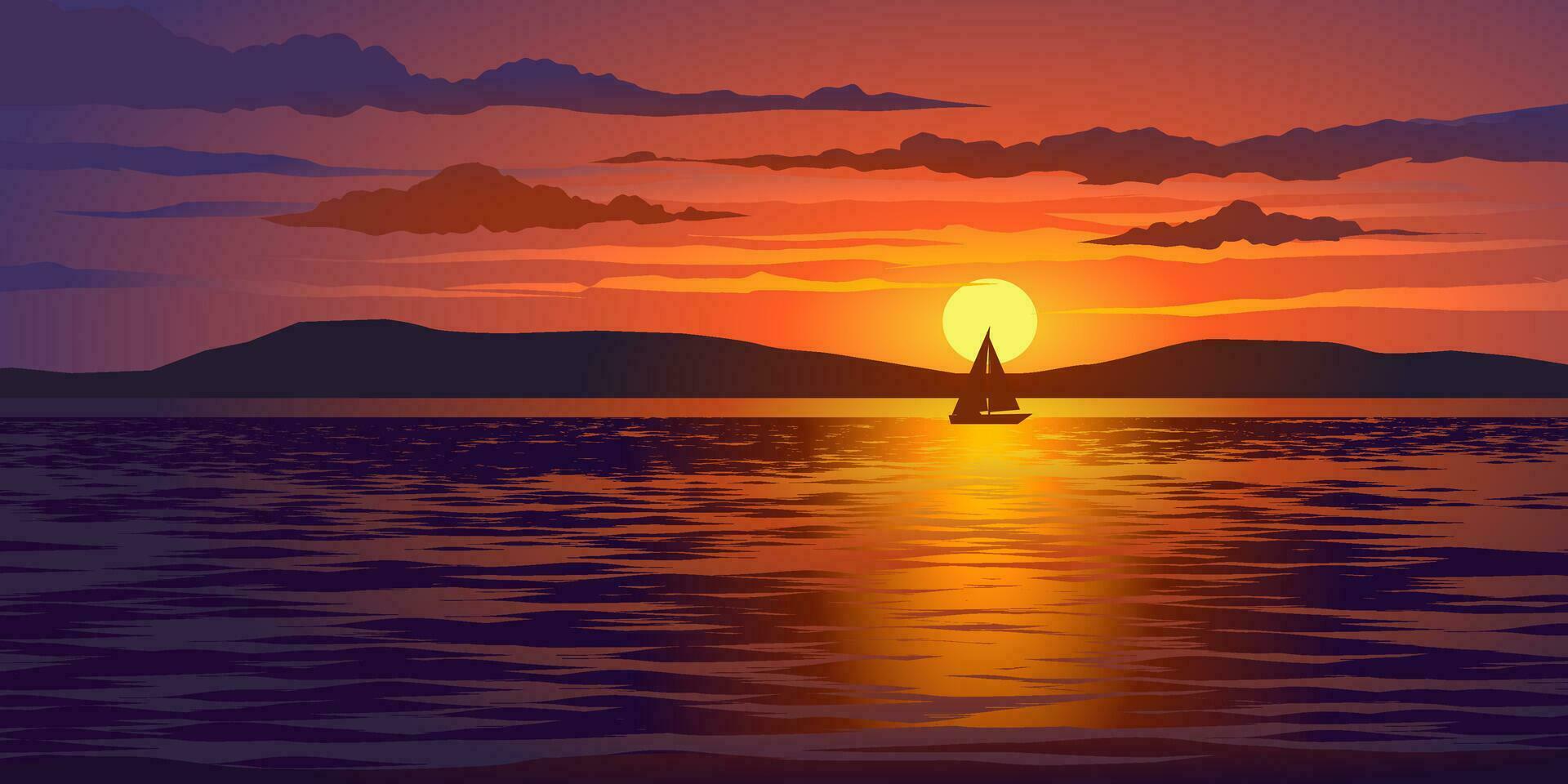 Beautiful clowing sunset in ocean with sailing boat and island vector