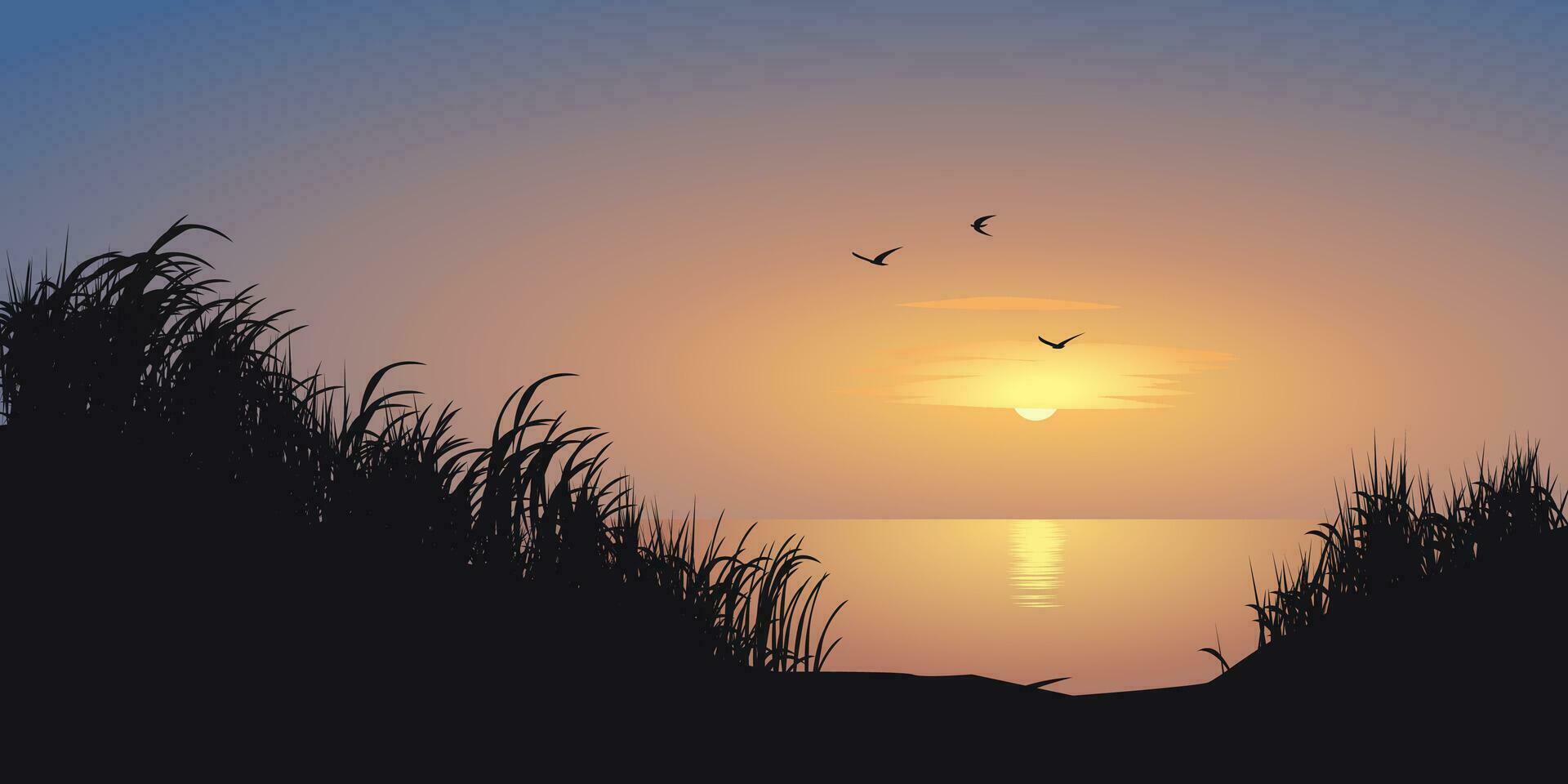 Beautiful minimal sunrise landscape with seaside, grass and flying birds vector