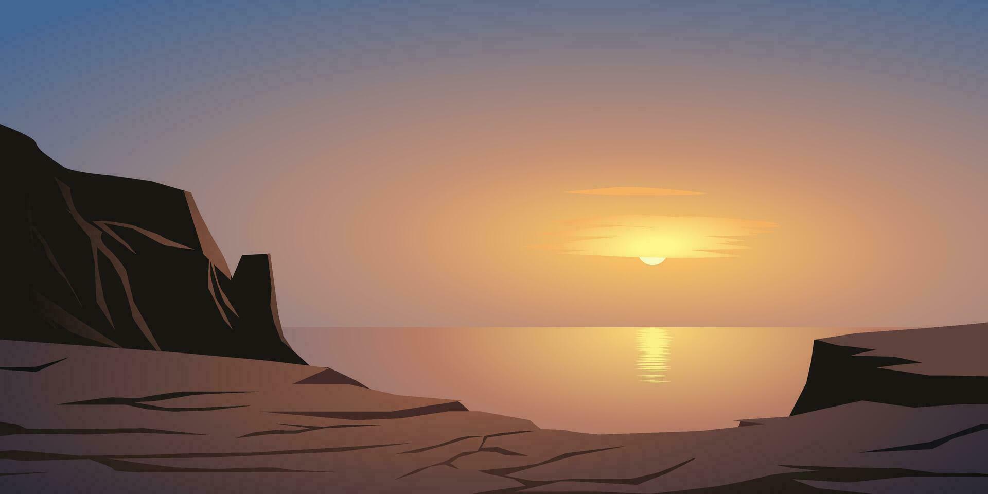 Beautiful minimal sunrise landscape with rock and cliff in seaside vector