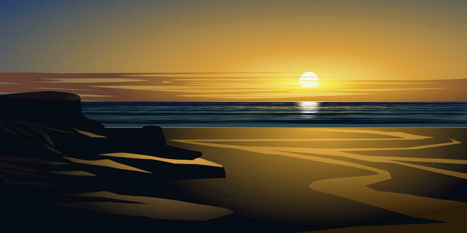 Beautiful seaside landscape. Beach sunset scenery with rocks vector
