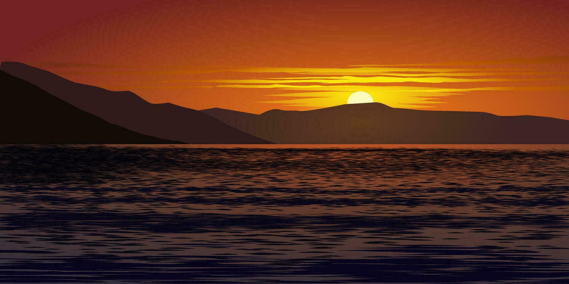 Beautiful sunset in lake with hills vector