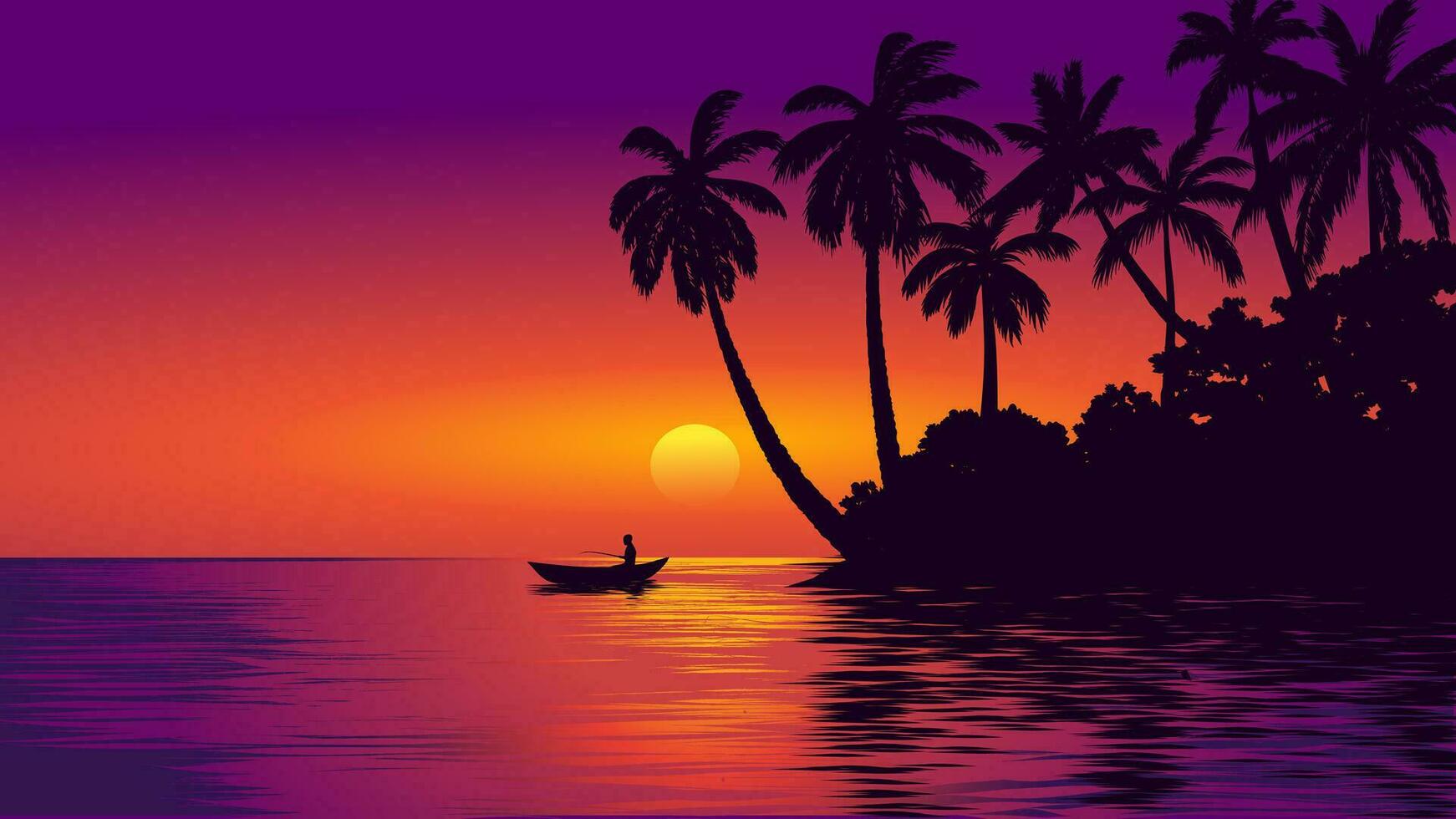 Dramatic sunset landscape at beach with coconut trees vector