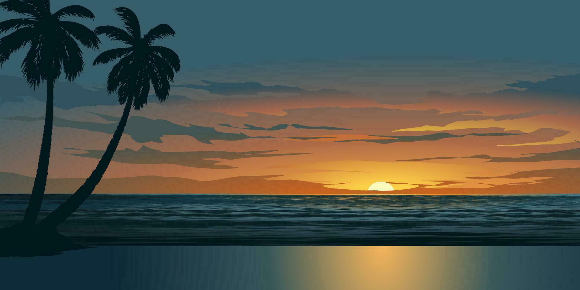 Beautiful tropical beach landscape with coconut trees in silhouette vector