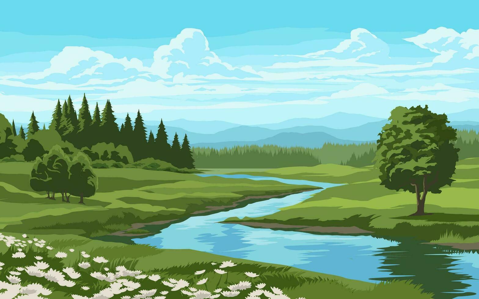 hermosa naturaleza paisaje con montañas, bosque, río y flores vector