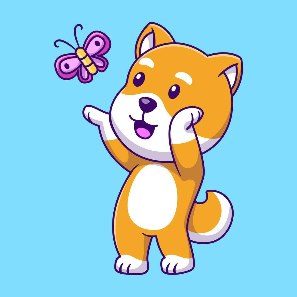 Cute Shiba Inu With Butterfly Cartoon Vector Icons Illustration. Flat Cartoon Concept. Suitable for any creative project.