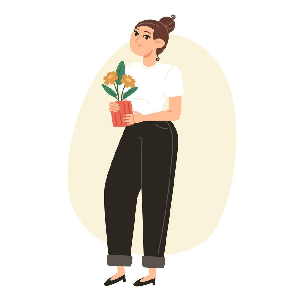 un joven mujer soportes y sostiene un flor en un maceta en su manos en plano estilo vector