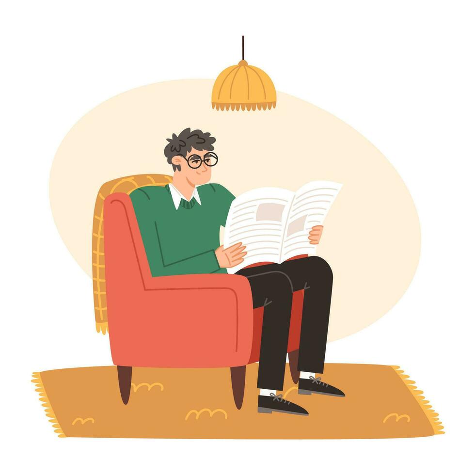 un mayor hombre se sienta en un cómodo silla y lee un periódico en acogedor vivo habitación en plano estilo vector