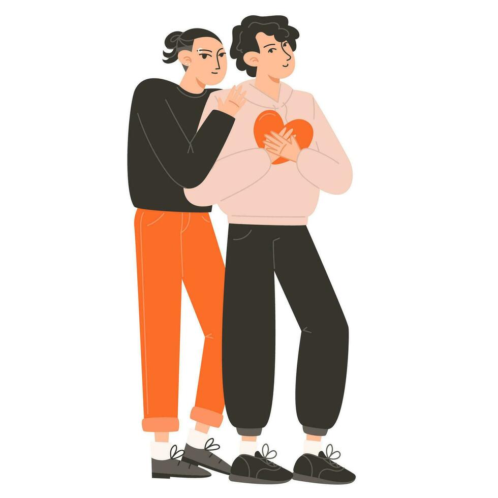 A man hugs a man holding red hearts for Valentine's Day vector