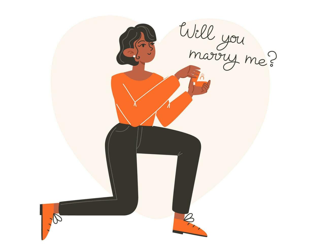 A woman gets down on one knee and marriage proposals vector