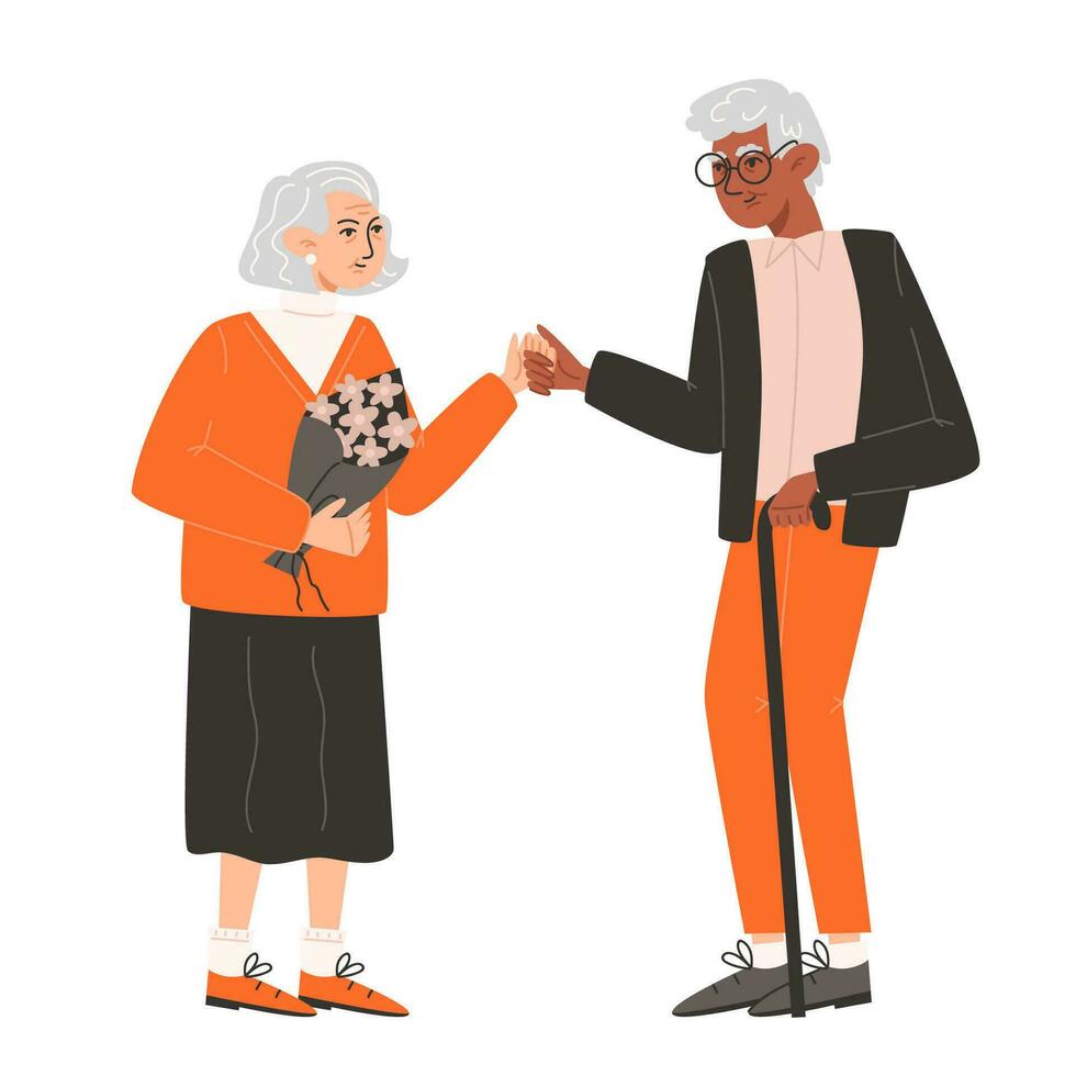 An elderly man congratulates his beloved on Valentine's Day and gives flowers vector