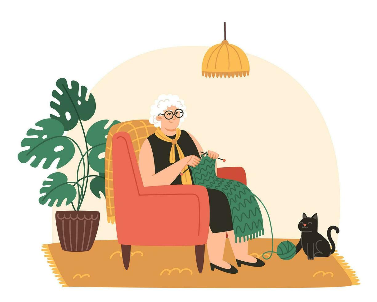 Senior woman sits in an armchair and knits a scarf in a cozy room in flat style vector