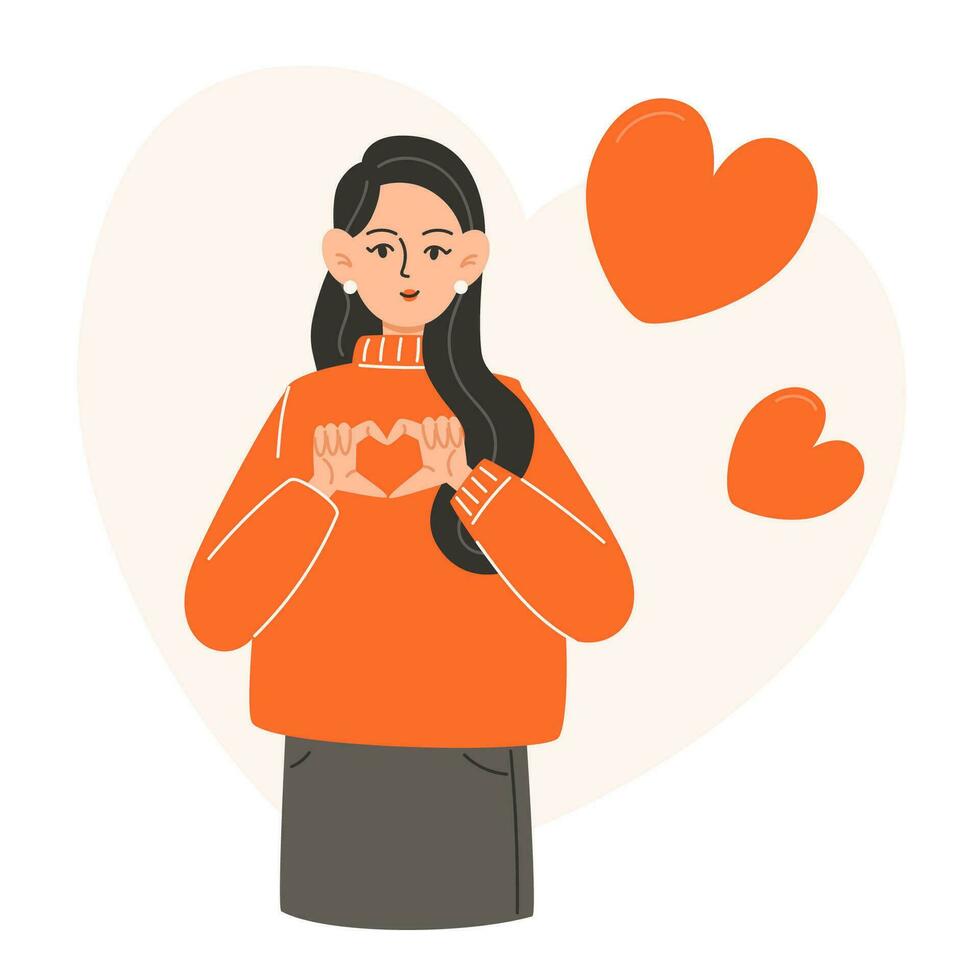 A young woman stands and shows the shape of a heart with her hands vector