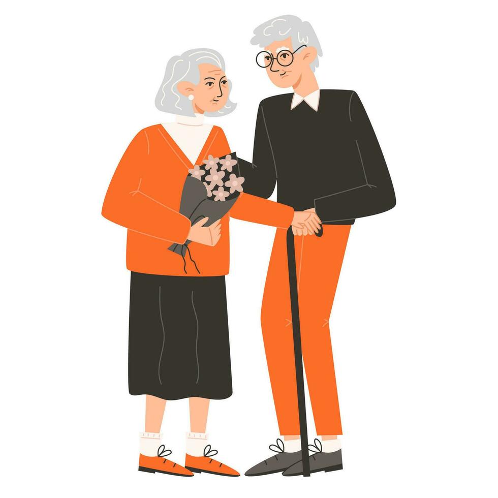 An elderly man congratulates his beloved on Valentine's Day and gives flowers vector