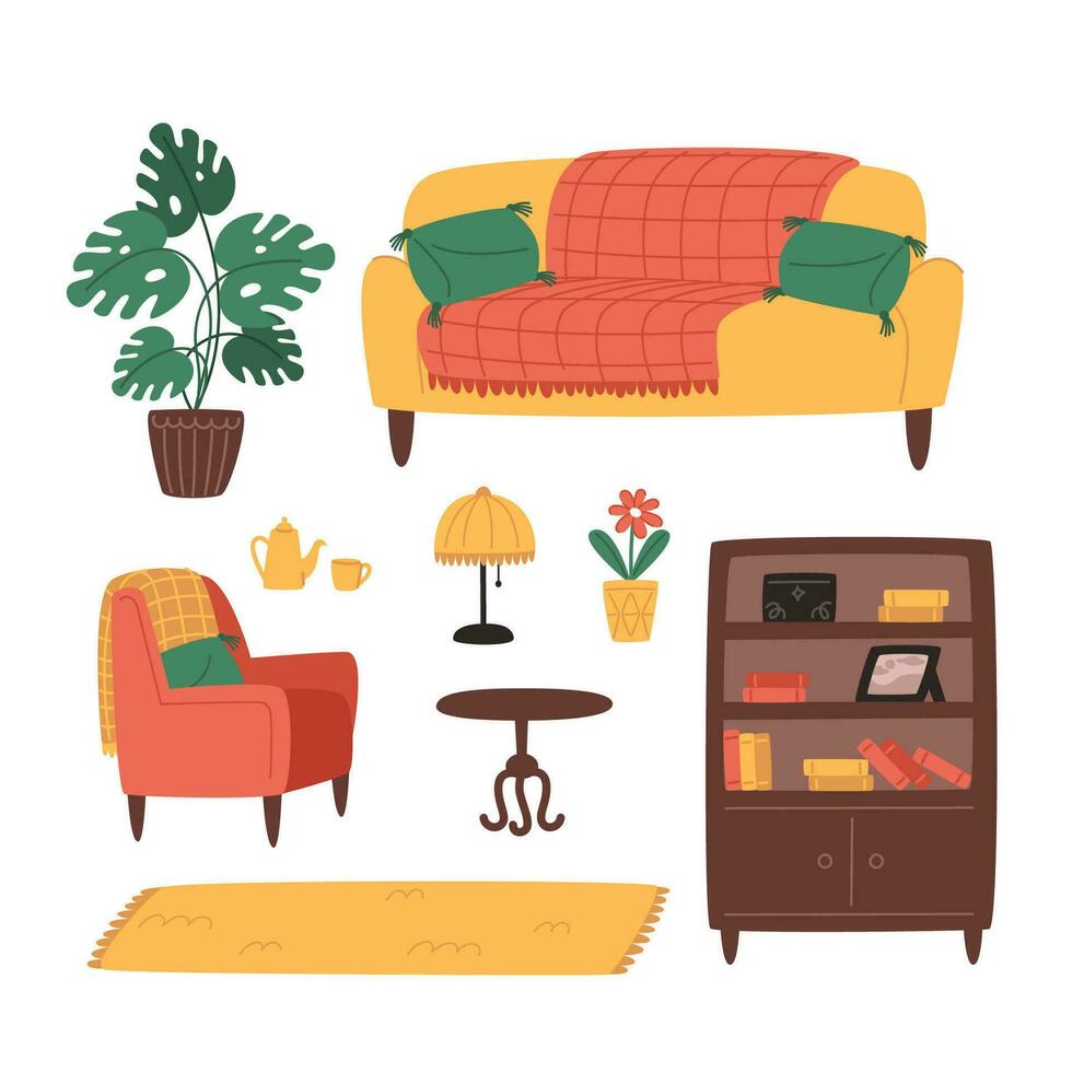 A collection of furniture and decor items for a cozy interior for the living room vector