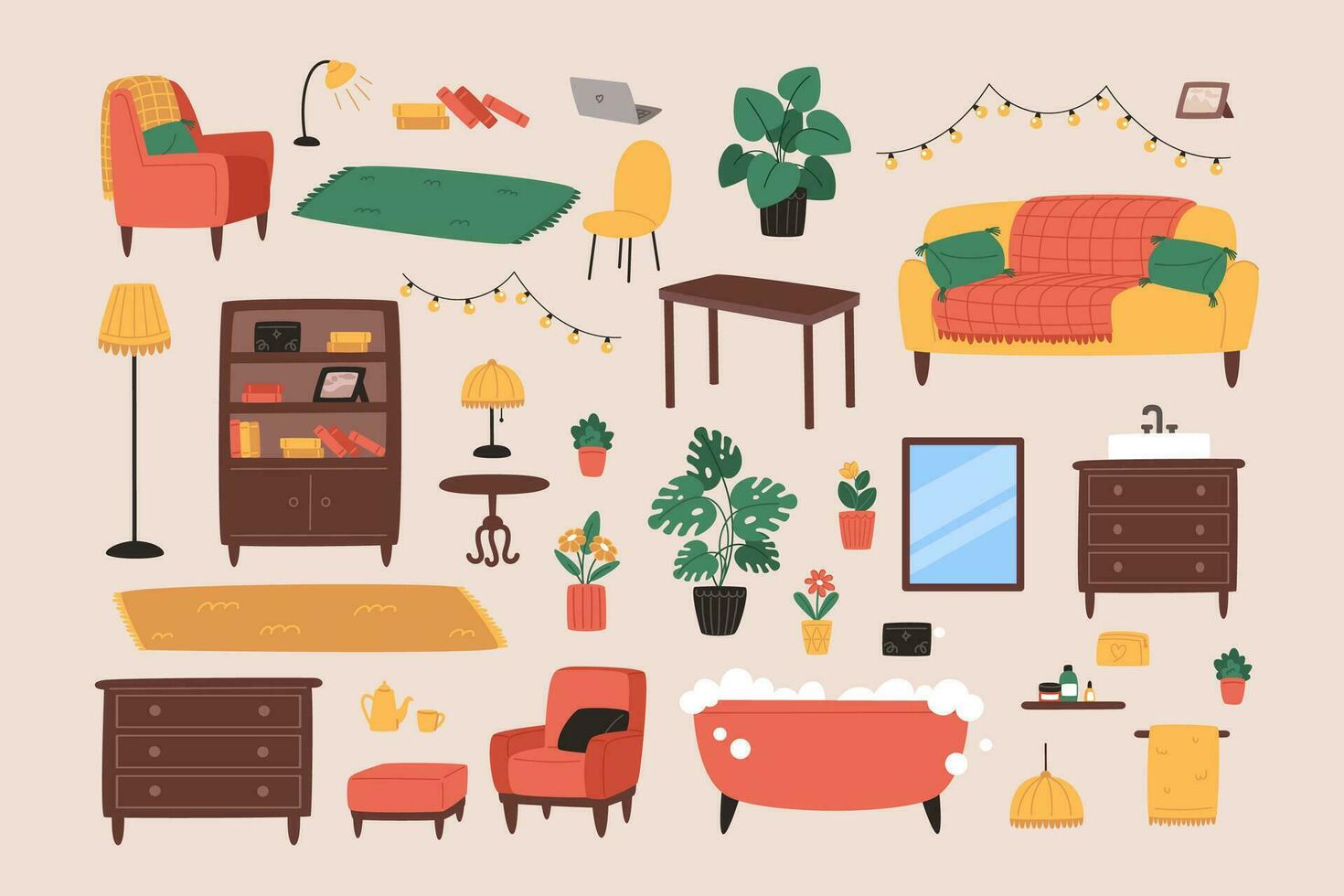 A collection of furniture and decor items for a cozy interior for the home vector