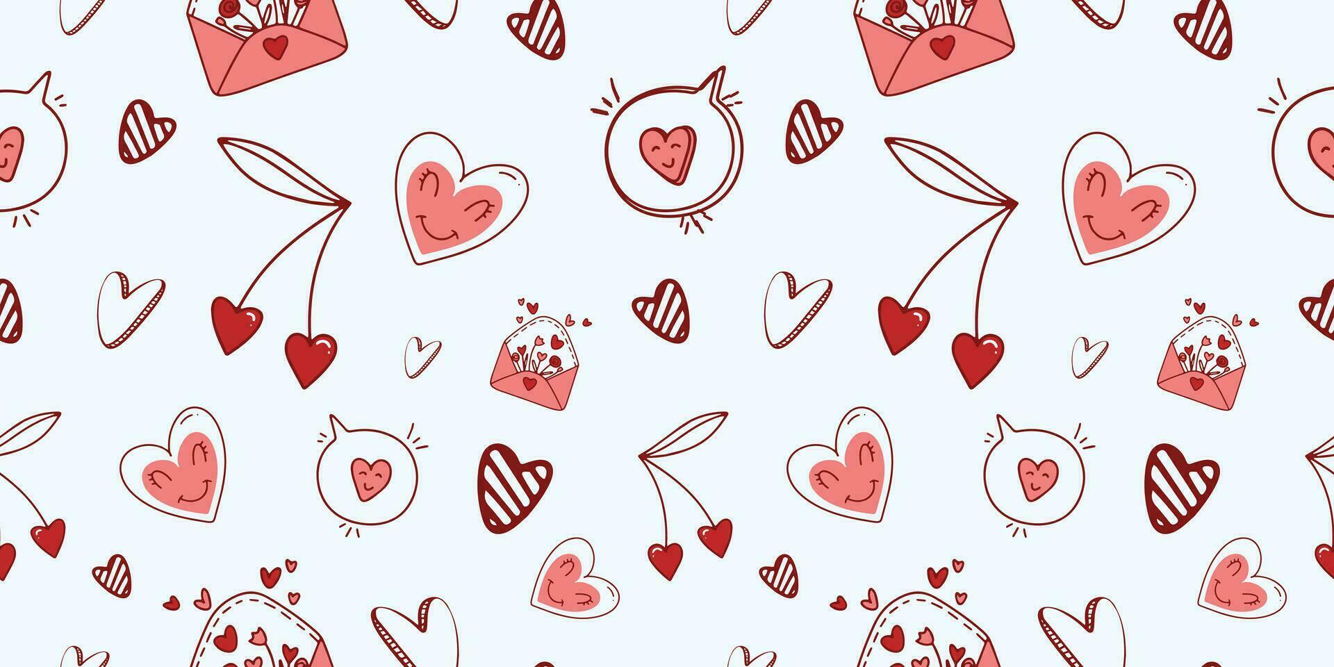 Seamless pattern for Valentine's Day with heart and love elements on a white background. Vector doodle theme set, romance for cards, banners, flyers, invitation, blog, wrapping paper, prints.