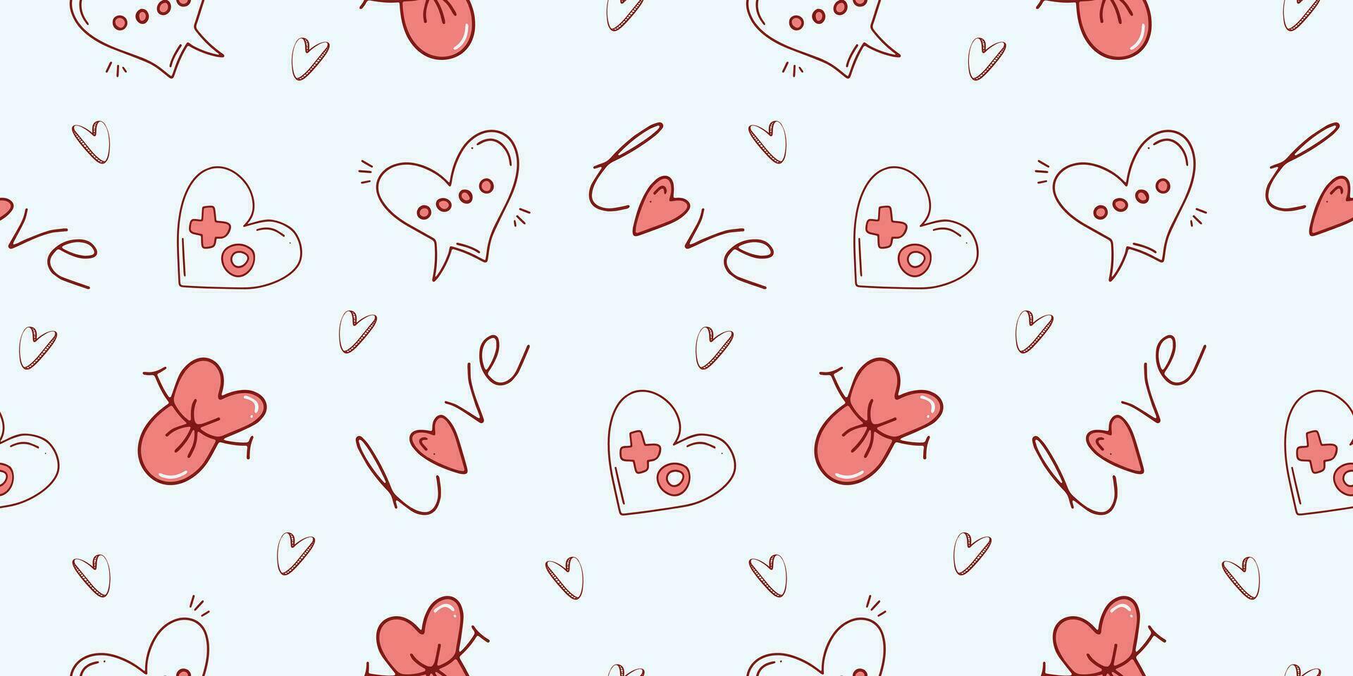 Seamless pattern for Valentine's Day with heart and love elements on a white background. Vector doodle theme set, romance for cards, banners, flyers, invitation, blog, wrapping paper, prints.