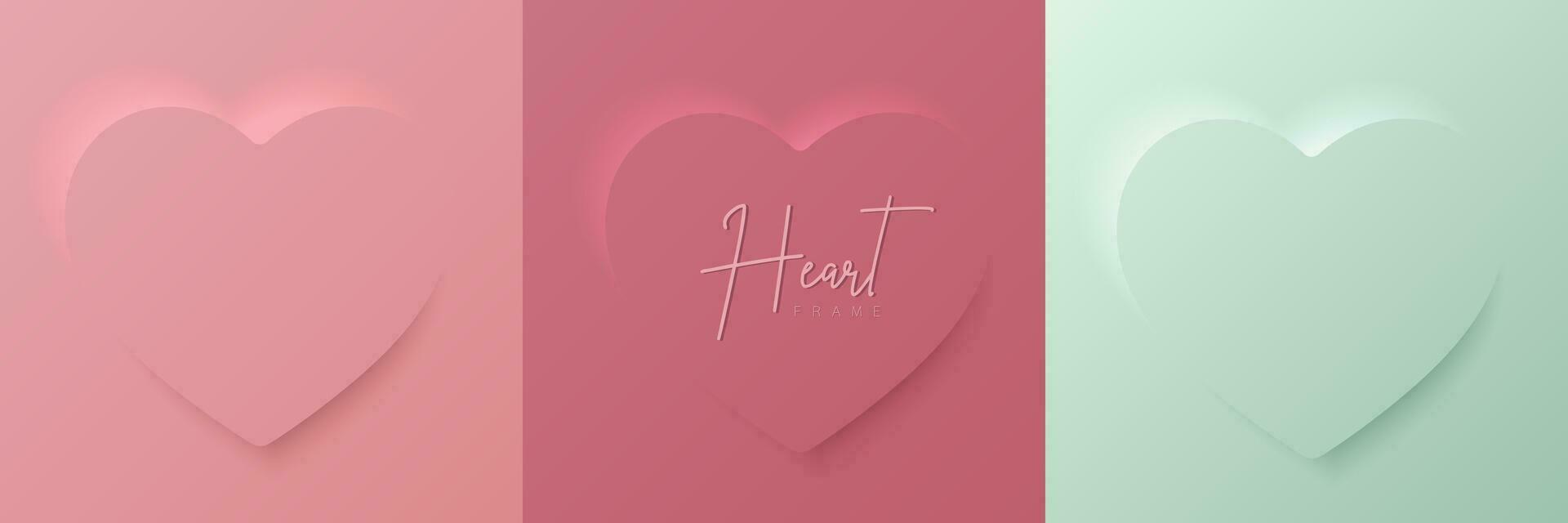 Set of pastel pink and mint green soft 3D heart shape frame design. Collection of geometric backdrop for cosmetic product display,  valentine day festival design,  presentation, banner, cover and web. vector