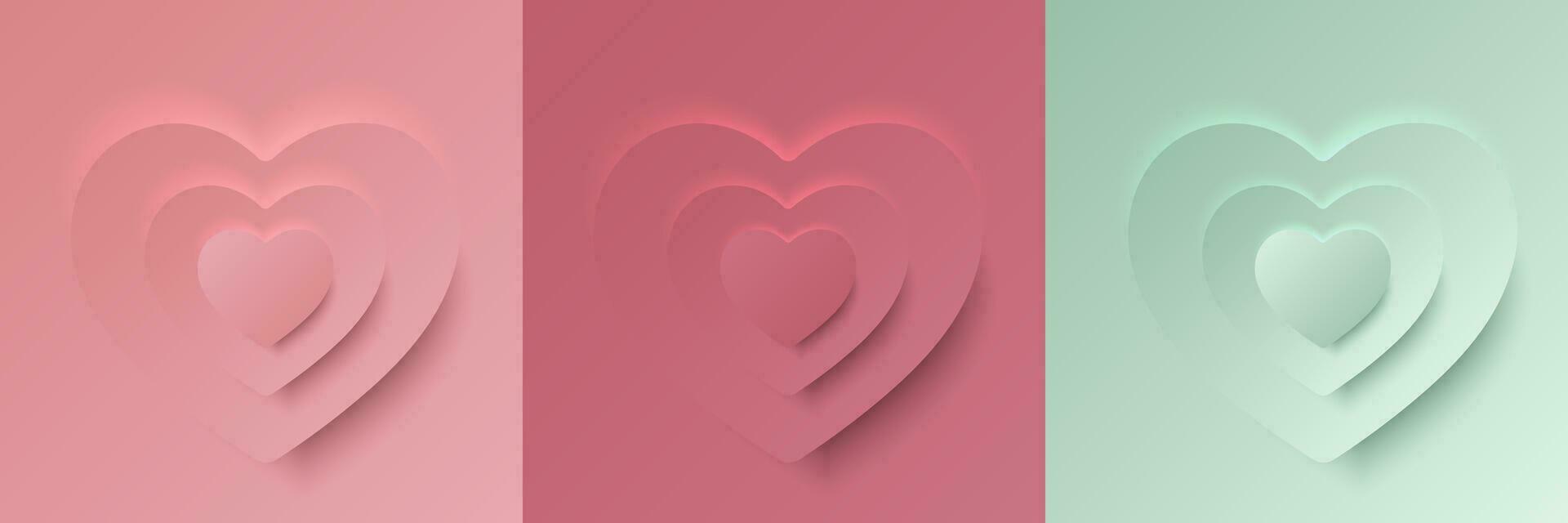 conjunto de pastel rosado y menta verde suave 3d corazón forma marco diseño. colección de geométrico fondo para cosmético producto mostrar, enamorado día festival diseño, presentación, bandera, cubrir y web. vector