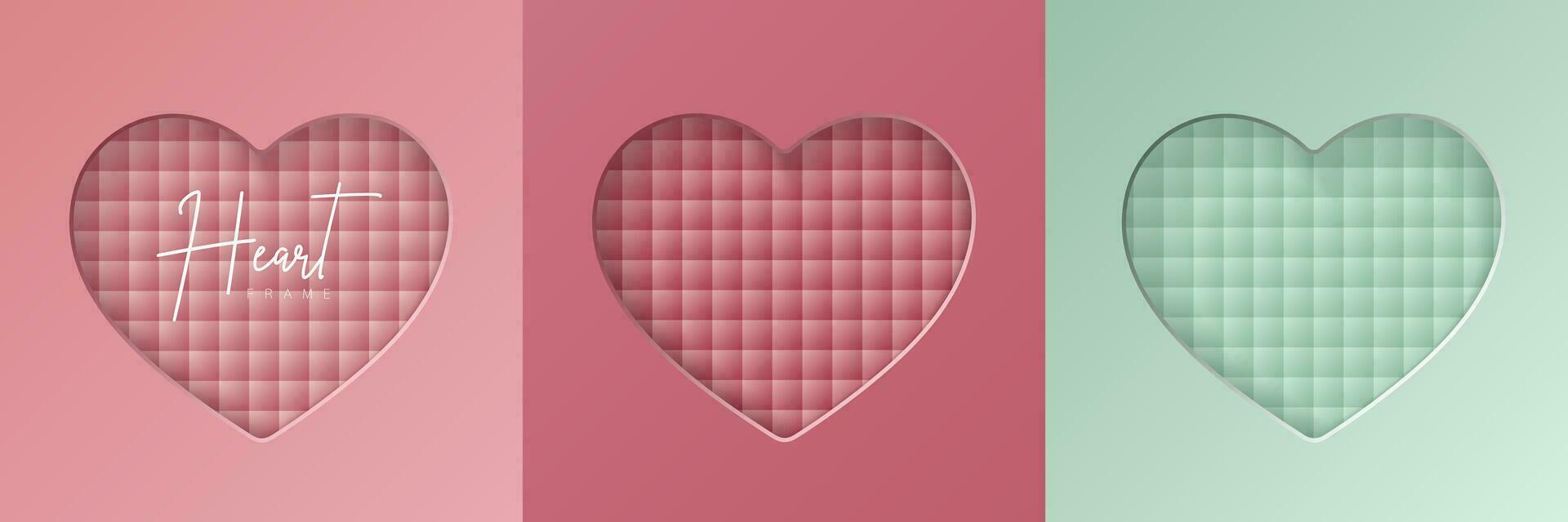 Set of pastel pink and mint green soft 3D heart shape frame design. Collection of geometric backdrop for cosmetic product display,  valentine day festival design,  presentation, banner, cover and web. vector