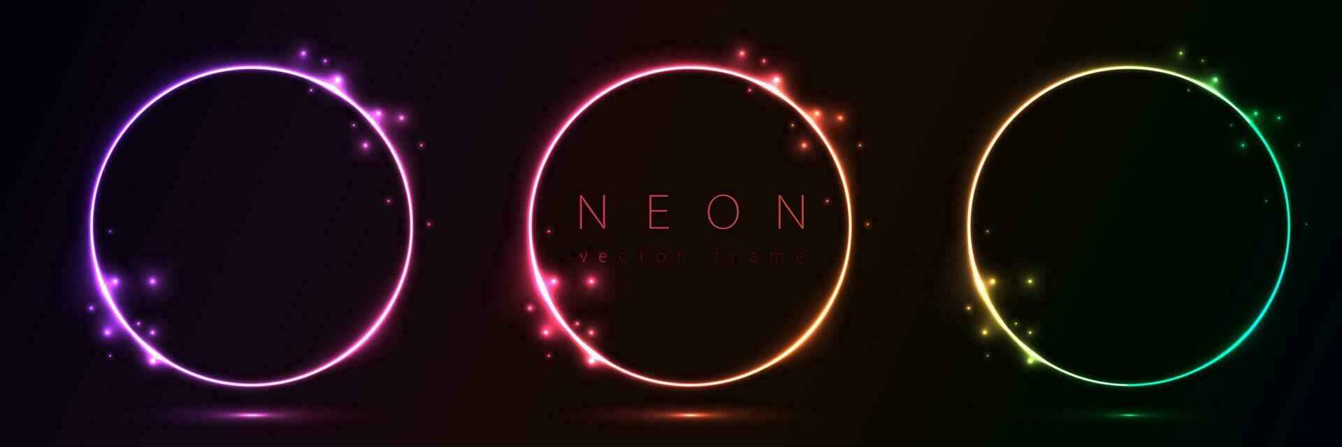 Set of glowing neon color circles round curve shape with wavy dynamic lines isolated on black background technology concept. Circular light frame border for badges, price tag, label cards, logo design vector