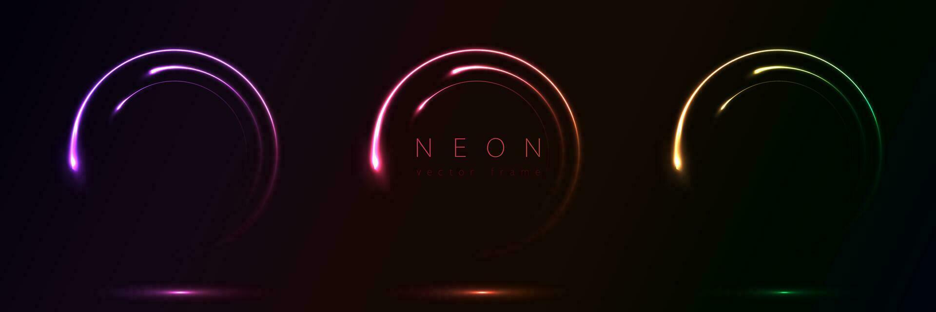 Set of glowing neon color circles round curve shape with wavy dynamic lines isolated on black background technology concept. Circular light frame border for badges, price tag, label cards, logo design vector