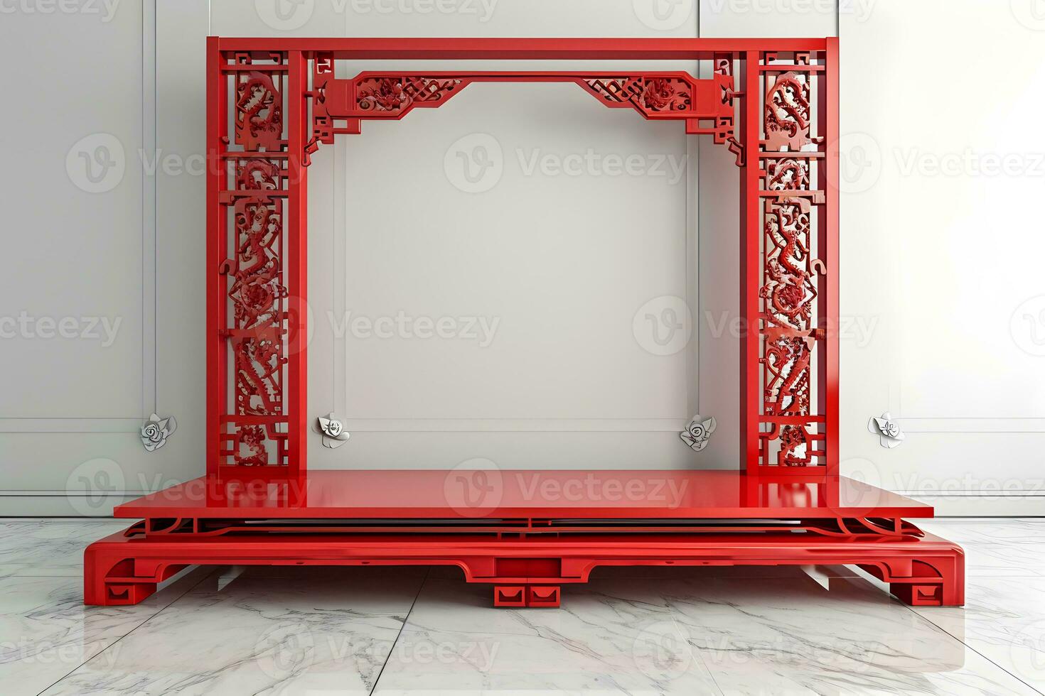 AI generated Red colored mockup frame and podium. Chinese traditional theme. photo