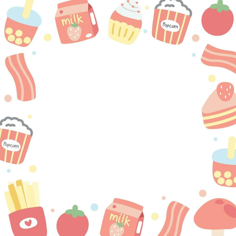 Cute tiny icon food frame pastel.Stationary DIY design.Memo paper.Bubble milk tea,milk,popcorn,tomato,bacon,strawberry cake,mushroom,fresh fried hand drawn.Sweet and dessert.Kawaii.Vector.Illustration vector