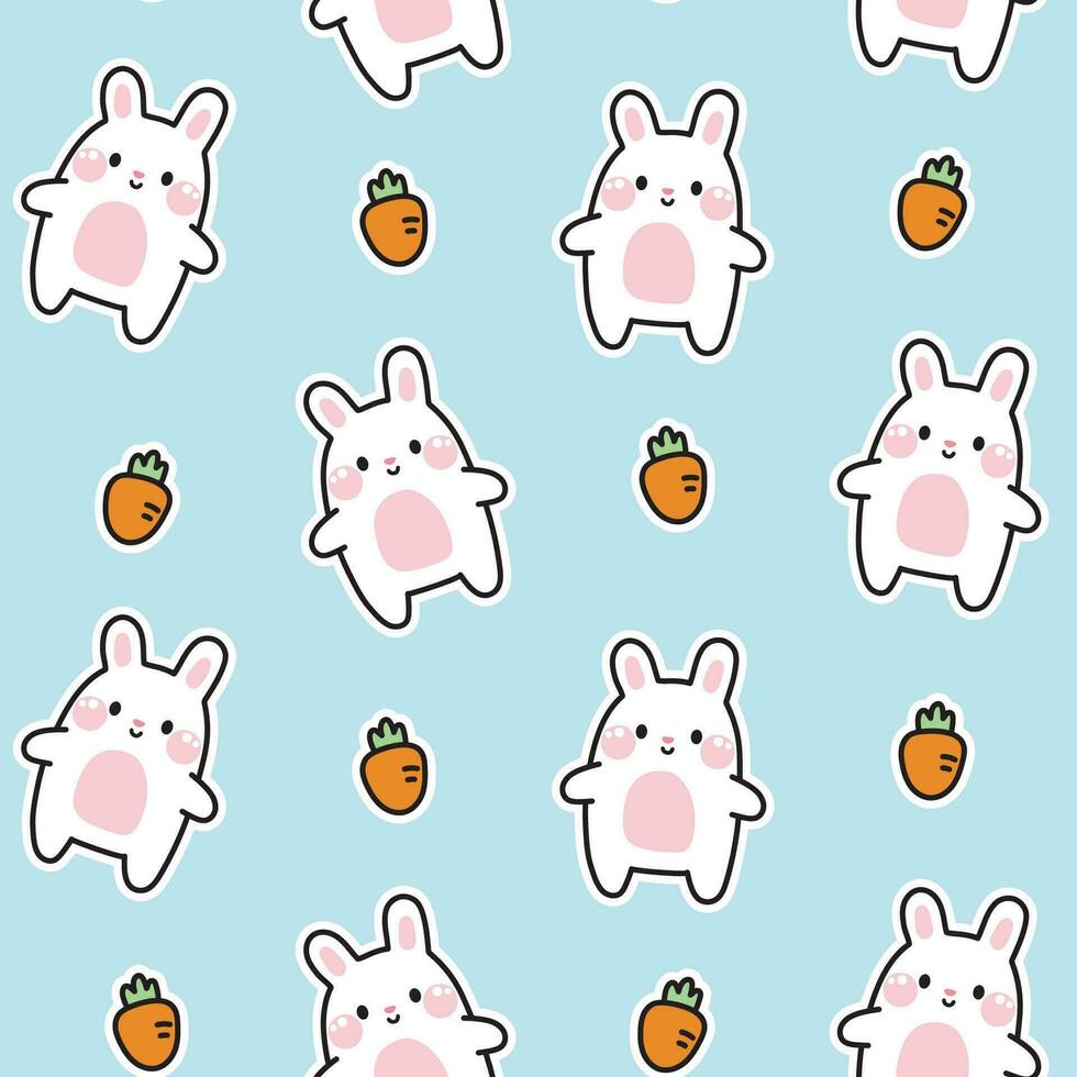 Seamless pattern of cute rabbit with carrot sticker on blue background.Easter.Rodent animal character cartoon design.Image for card,poster,baby clothing.Kawaii.Vector.Illustration. vector