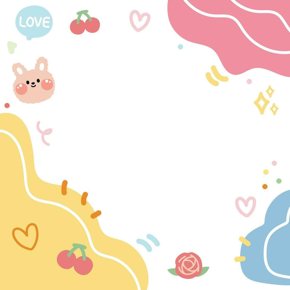 Cute rabbit face pastel frame with tiny icon.Stationary DIY design.Memo paper.Bunny,heart,cherry,rose,heart  hand drawn.Animal character cartoon.Kawaii.Vector.Illustration. vector