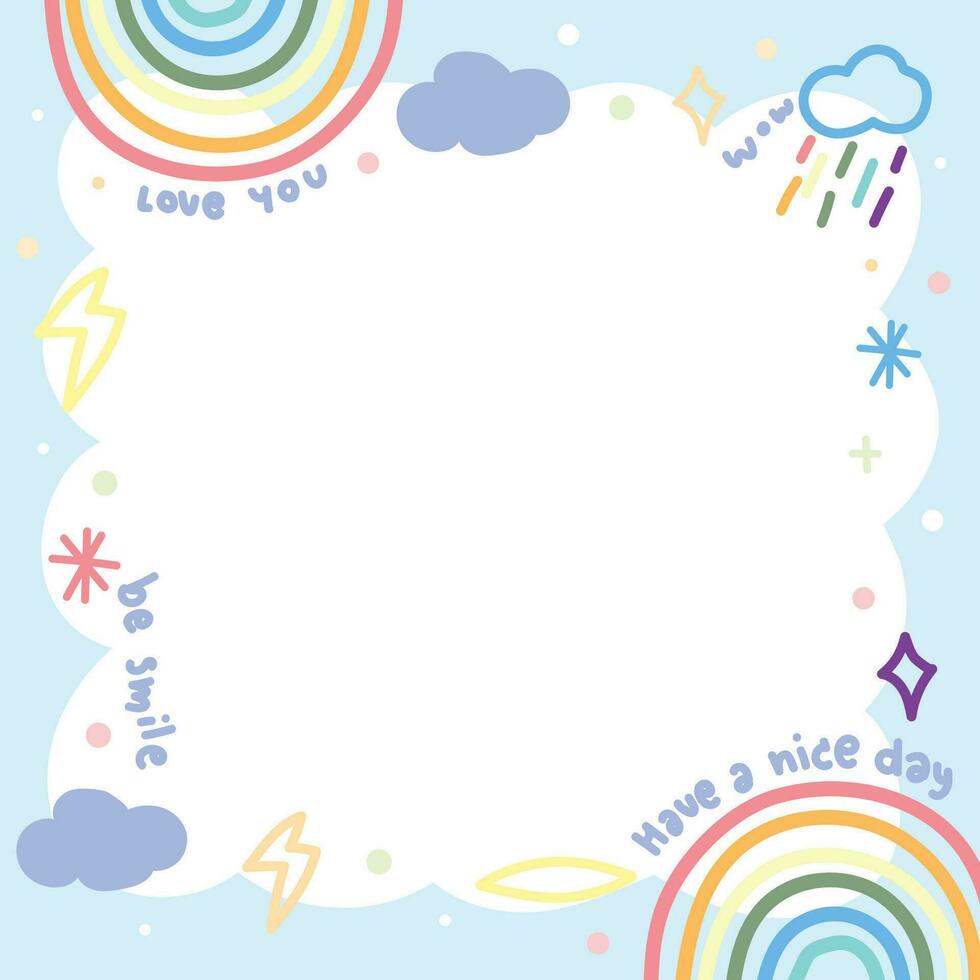 Cute pastel frame with tiny sky icon.Stationary DIY design.Memo paper.Cloud,rainbow,lighting hand drawn.Kawaii.Vector.Illustration. vector