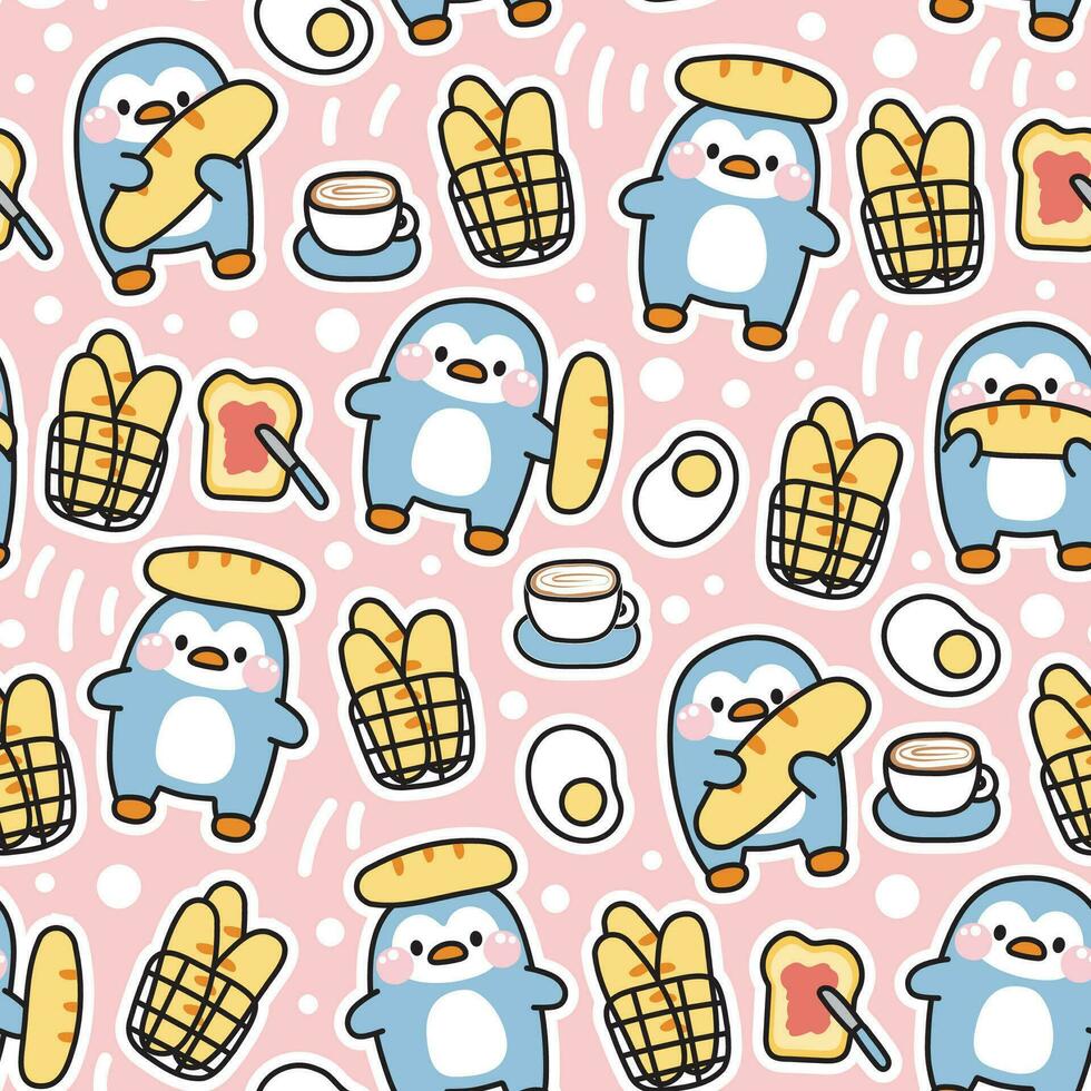 Seamless pattern of cute penguin hold bread with breakfast icon on pink pastel background.Bird animal character cartoon design.Yam,coffee,fried egg hand drawn.Kawaii.Vector.illustration. vector