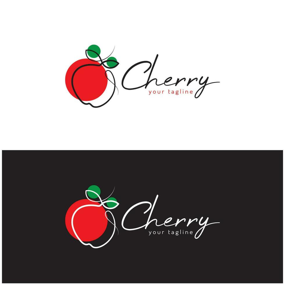 Fresh cherry fruit logo with minimalist leaf line art style. for fruit shop, cherry farm, cake, business, vector
