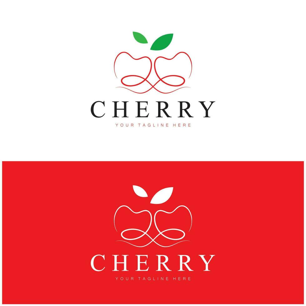 Fresh cherry fruit logo with minimalist leaf line art style. for fruit shop, cherry farm, cake, business, vector