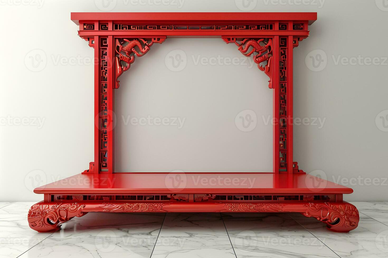 AI generated Red colored mockup frame and podium. Chinese traditional theme. photo