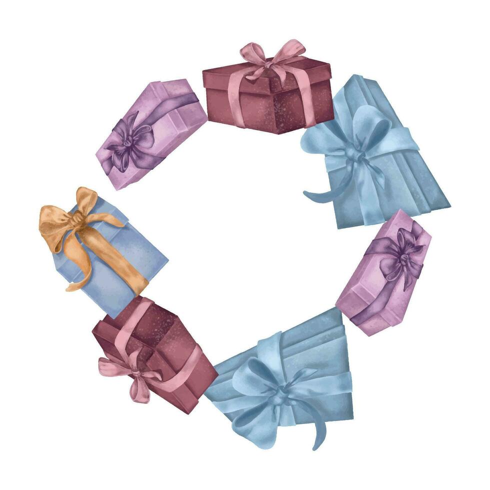 Circle frame of presents box and cube digital illustration isolated on white. Gift boxes pastel shades, ornament hand drawn. Element for birthday card, holiday invitation, package vector
