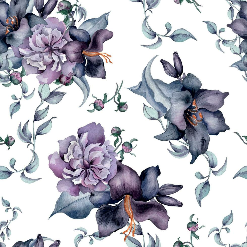 acuarela negro flores y hojas sin costura modelo aislado en blanco. gótico floral impresión mano dibujado. oscuro botánico imagen con lirio, peonía, brote. elemento para textil, fondo, fondo de pantalla, envase vector