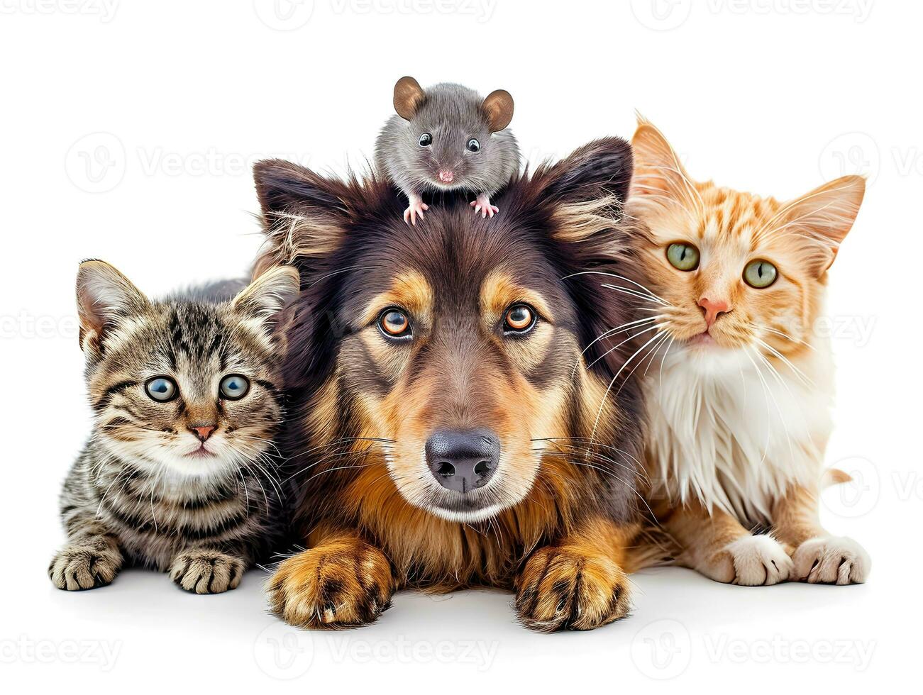 AI generated Friendship of pet mouse, cat and dog. Concept of national pet day. photo