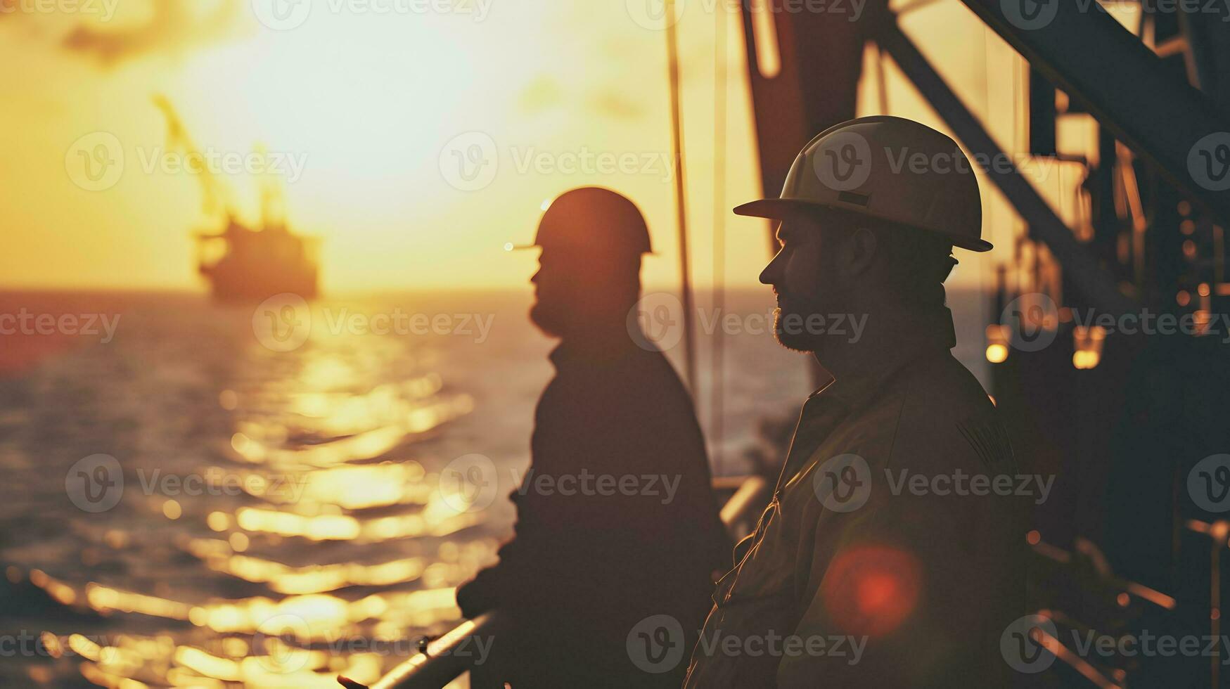AI generated Caucasian industrial workers in the oil tube station at sea during sunset photo