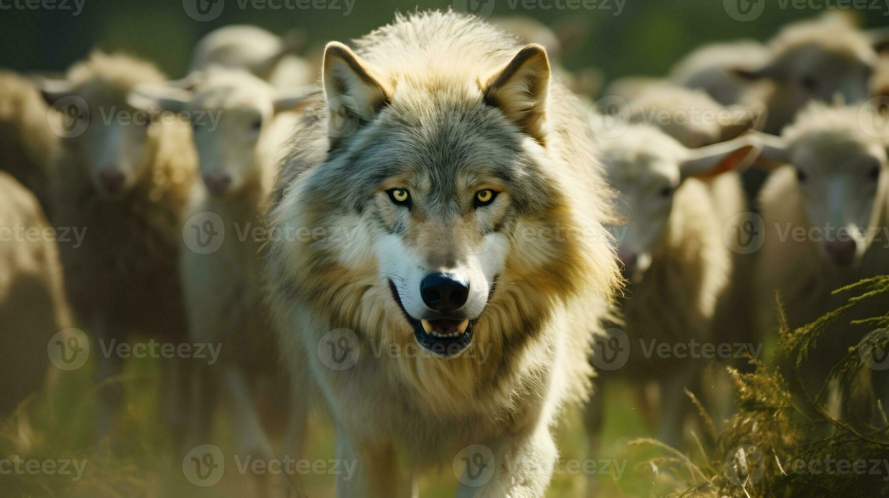 AI generated Wolf in front of flock of sheep. photo