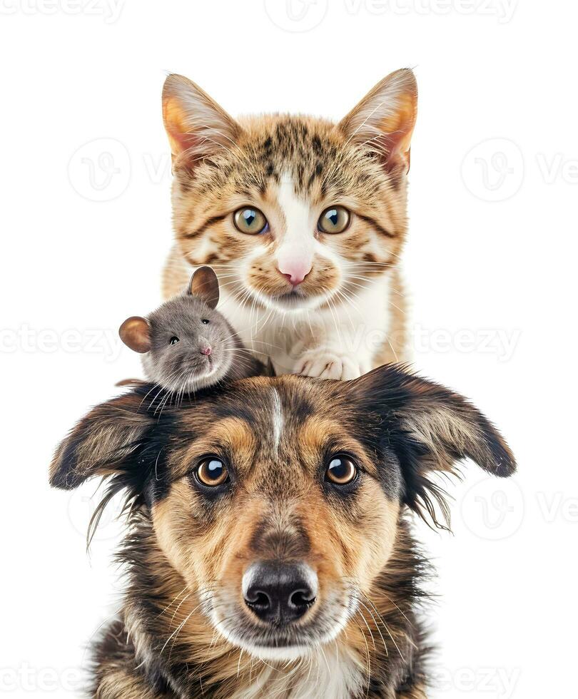 AI generated Friendship of pet mouse, cat and dog. Concept of national pet day. photo